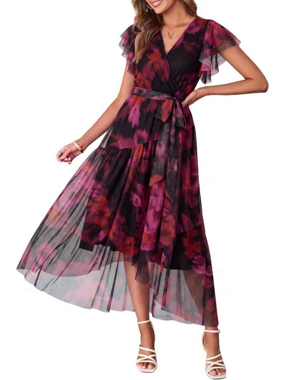 Floral Boho Maxi Dress with Belt - Flowy Beach Wedding Guest Outfit